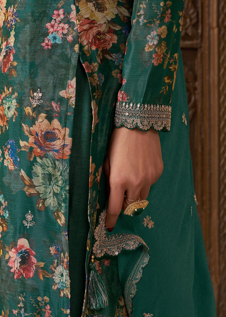 Jade Green Chinon Silk Floral Printed Salwar Suit with Butti & Sequin Embroidery - House of Sarvati LLC