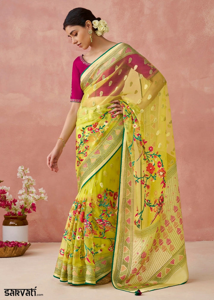 Light Green Brasso Organza Saree with Designer Embroidered Blouse - House of Sarvati LLC