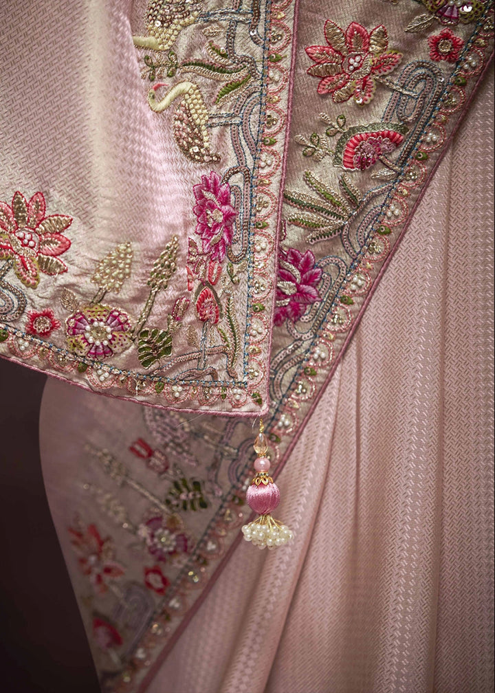 Light Pink Kanjivaram Silk Saree with Intricate Zari, Khatli, Sequin & Pearl Embroidery - House of Sarvati LLC
