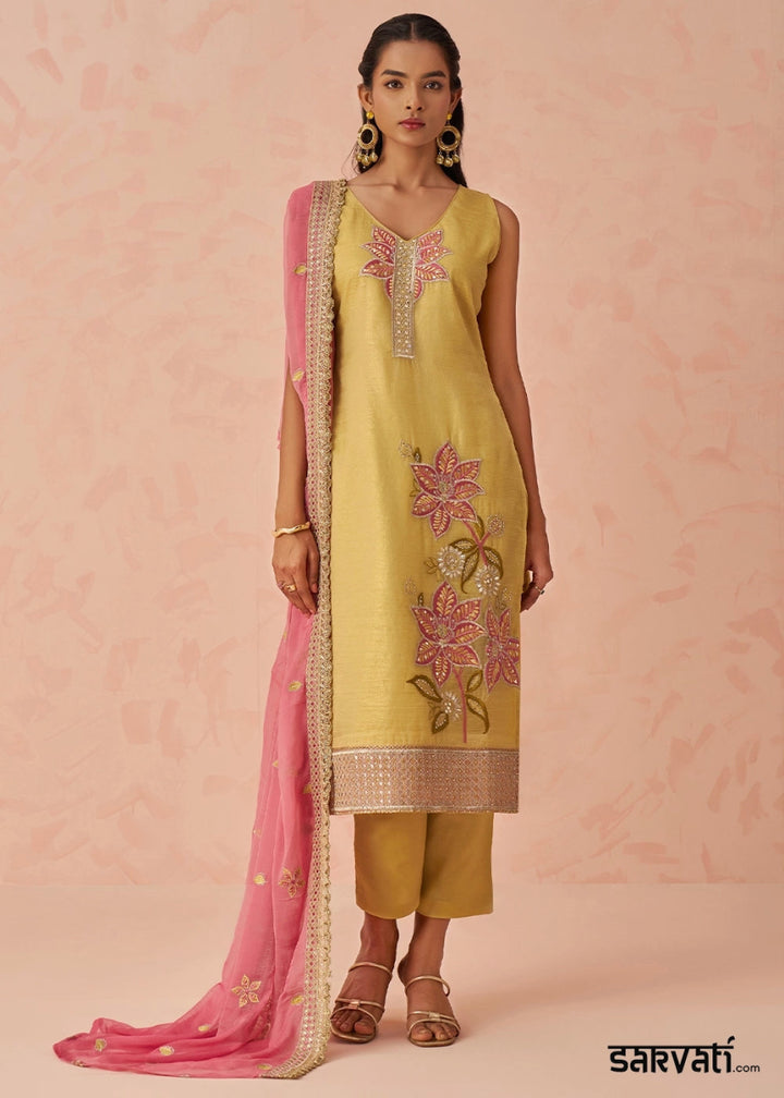 Light Yellow Crush Organza Salwar Suit with Floral Embroidery work - House of Sarvati LLC