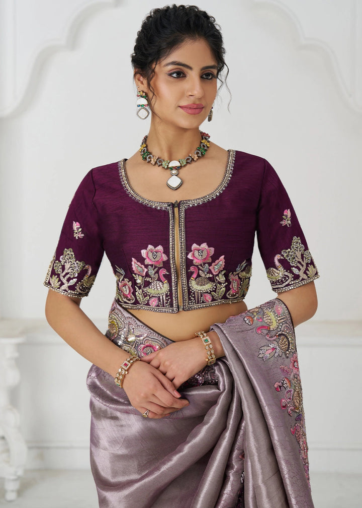 Lilac Purple Embroidered Viscose Dola Silk Saree With Sequin And Multi Thread Accents - House of Sarvati LLC