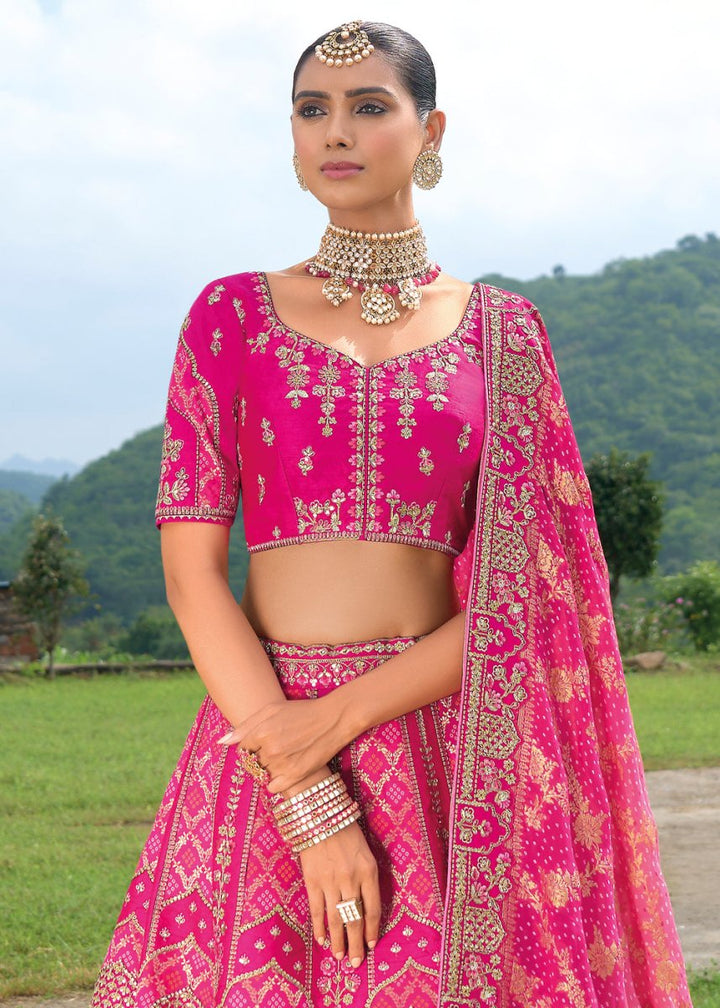 Magenta Pink Banarasi Silk Lehenga with Heavy Khatli & Embroidery Work - House of Sarvati LLC