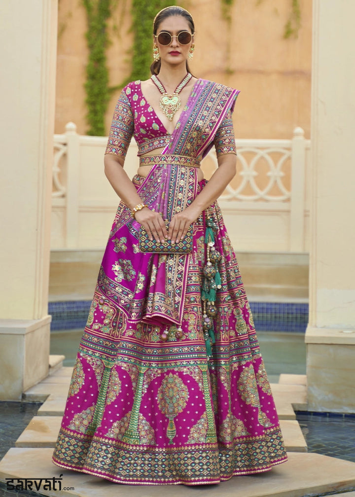 Magenta Pink Embellished Rajwadi Silk Lehenga Choli with Aari Mirror Work - House of Sarvati LLC