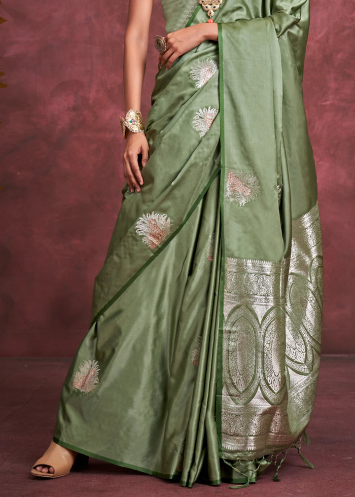 Mantis Green Satin Silk Saree Handcrafted with a Lustrous Drape - House of Sarvati LLC