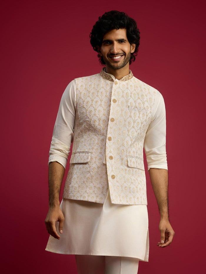 Men's Cream Embroidered Georgette Nehru Jacket