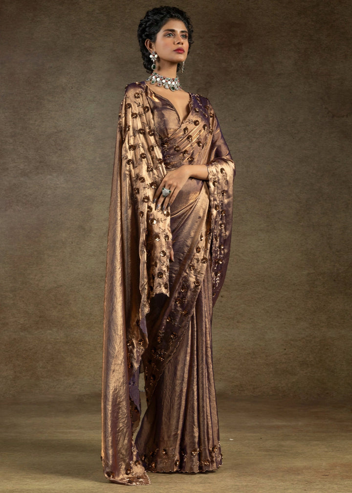 Metallic Purple Two Tone Satin Silk Saree with Intricate Zarkan, Sequin & Bead Work - House of Sarvati LLC