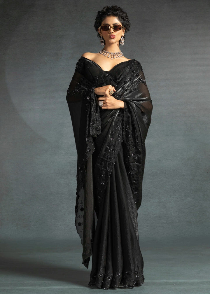 Midnight Black Two Tone Satin Silk Saree with Intricate Zarkan & cut work Border - House of Sarvati LLC