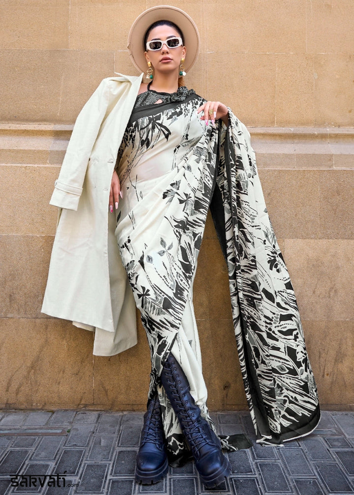 Off White Lightweight Printed Saree in Satin Crepe - House of Sarvati LLC