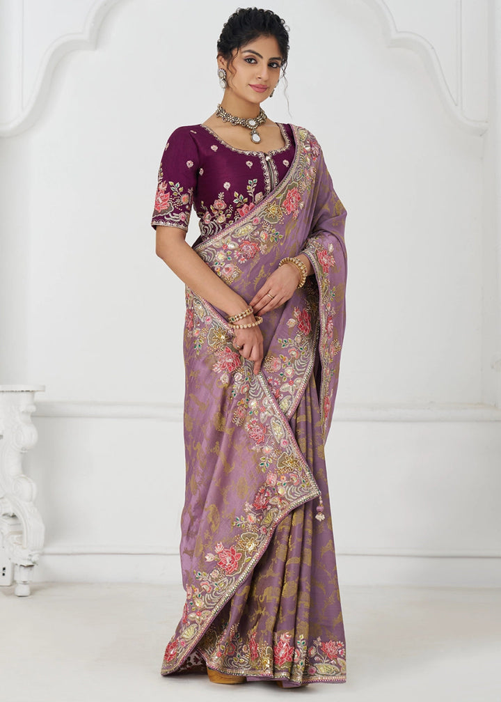 Opera Mauve Embroidered Viscose Dola Silk Saree With Sequin And Multi Thread Accents - House of Sarvati LLC