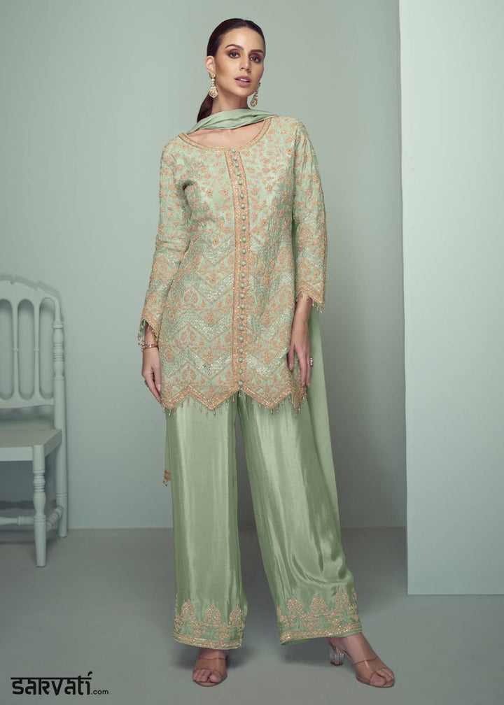 Pastel Green Chinon Silk Embroidered Top with Matching Trousers - House of Sarvati LLC
