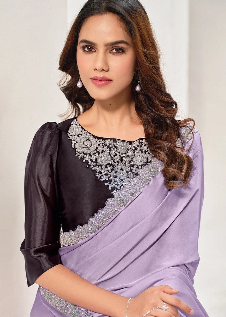 Pastel Purple Crepe Satin Silk Saree with Luxurious Zardosi Detailing - House of Sarvati LLC