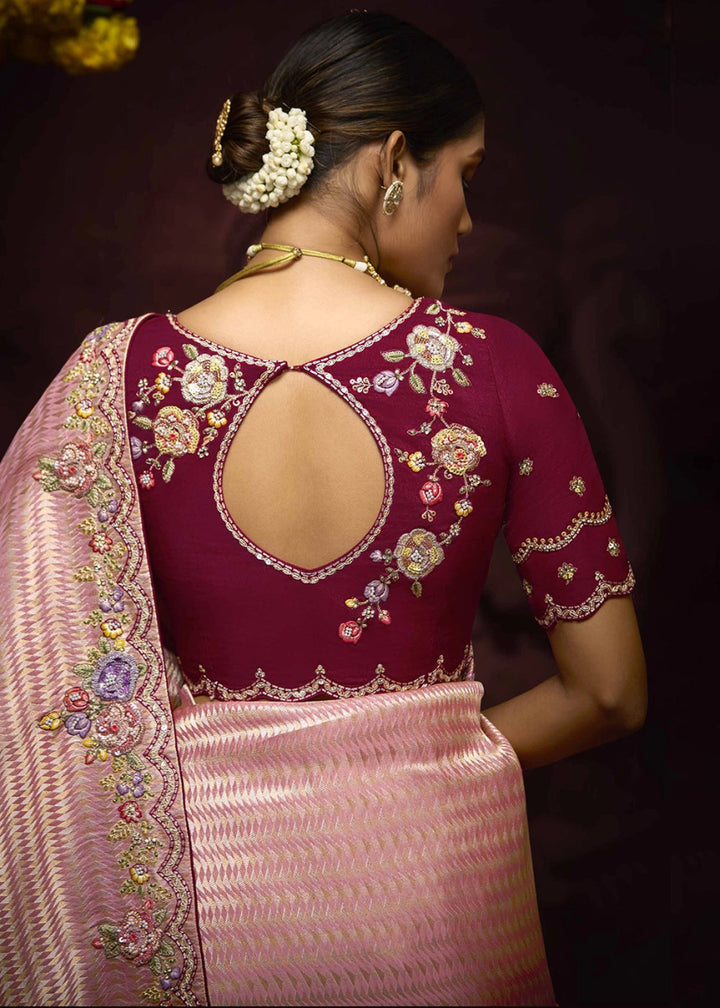 Peach Pink Kanjivaram Silk Saree with Intricate Zari, Khatli, Sequin & Pearl Embroidery - House of Sarvati LLC