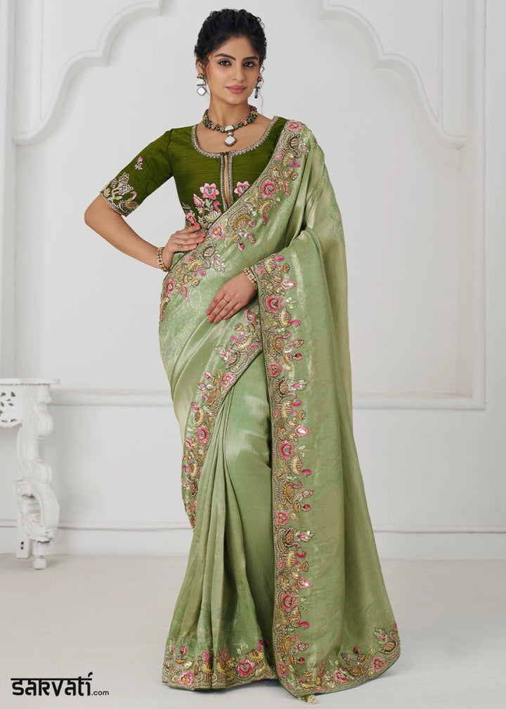 Pear Green Embroidered Viscose Dola Silk Saree With Sequin And Multi Thread Accents - House of Sarvati LLC
