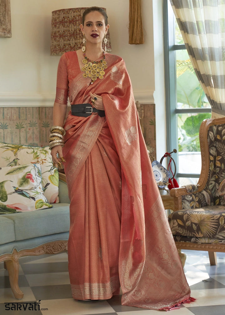 Persian Red Handwoven Tissue Silk Saree with Zari Accents - House of Sarvati LLC