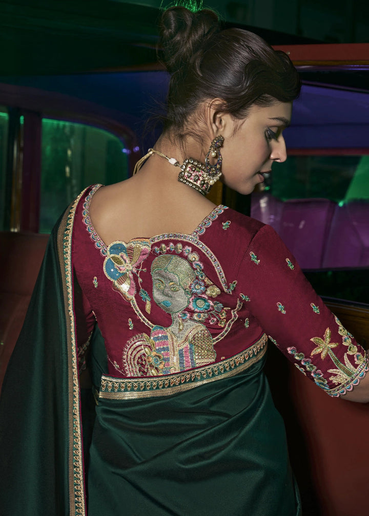 Phathalo Green Banarasi Silk Saree with Artistic Woven Pallu & Embellished Blouse - House of Sarvati LLC