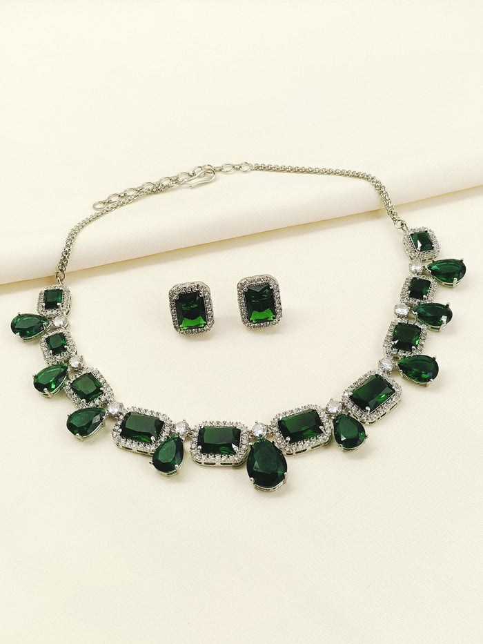 Ayana Green Emerald And Diamonds Silver Plated Necklace Set