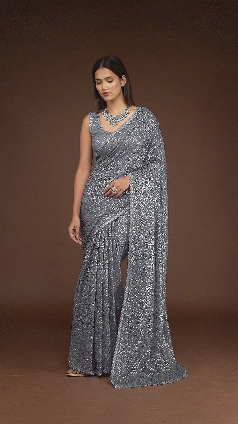 Anchor Grey Sequins Georgette Saree with Thread Embroidery