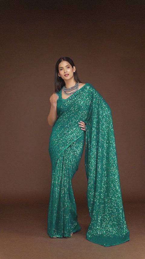 Bondi Blue Sequins Georgette Saree with Thread Embroidery