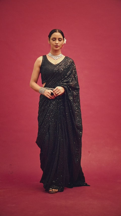 Midnight Black Sequins Georgette Saree with Thread Embroidery