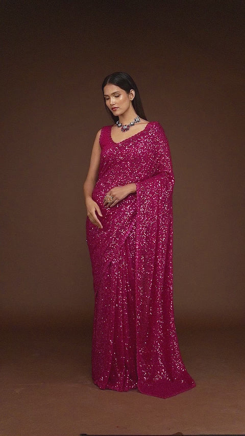 Bright Pink Sequins Georgette Saree with Thread Embroidery