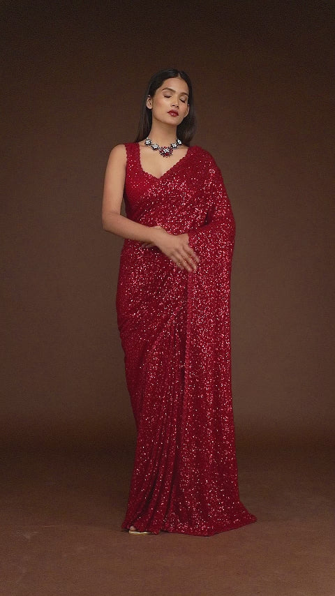 Scarlet Red Sequins Georgette Saree with Thread Embroidery
