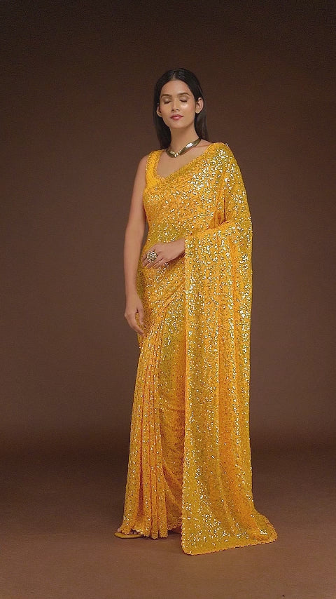 Fire Yellow Sequins Georgette Saree with Thread Embroidery