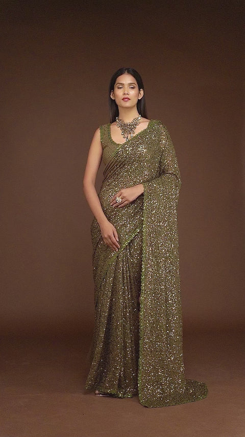 Army Green Sequins Georgette Saree with Thread Embroidery