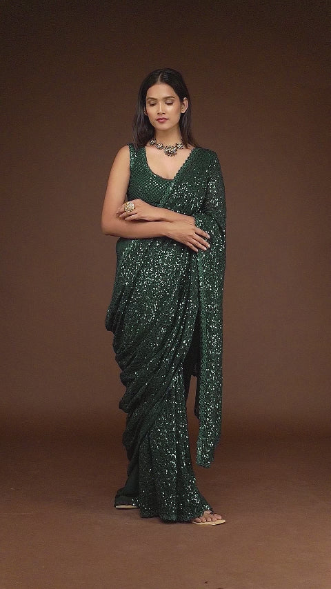 Dark Green Sequins Georgette Saree with Thread Embroidery