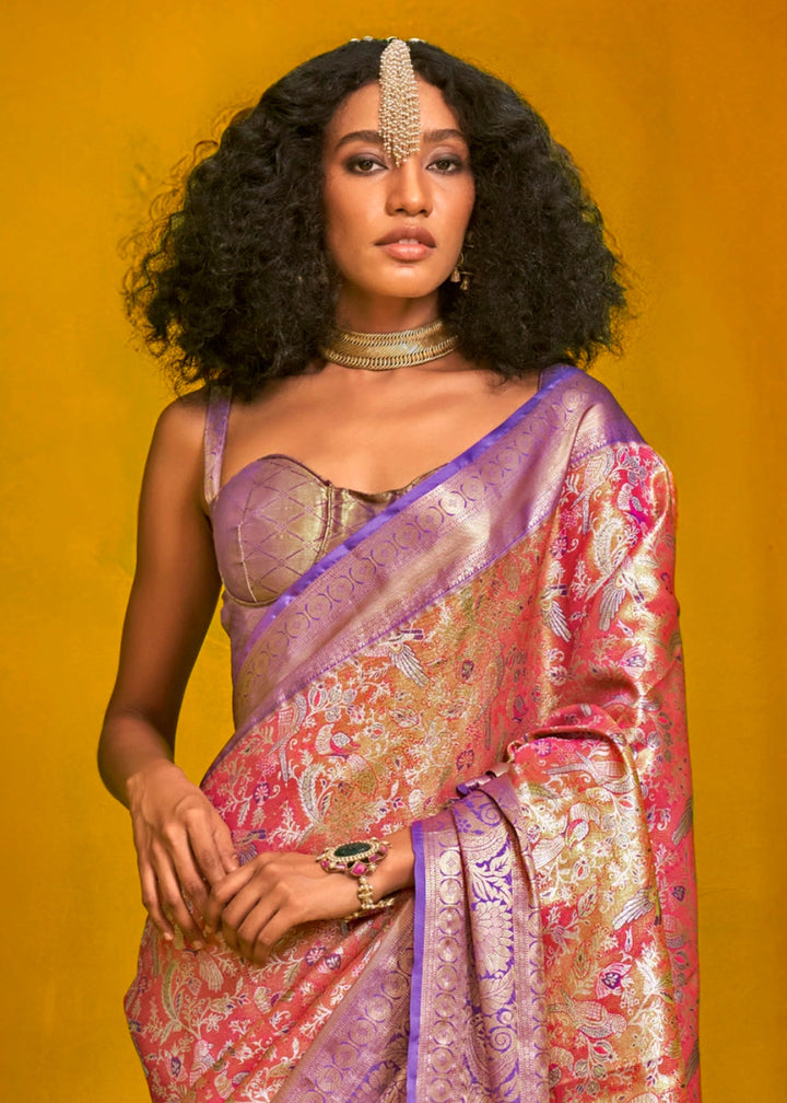 Purple & Pink Handloom Woven Kanjivaram Silk Saree with Zari Work - House of Sarvati LLC