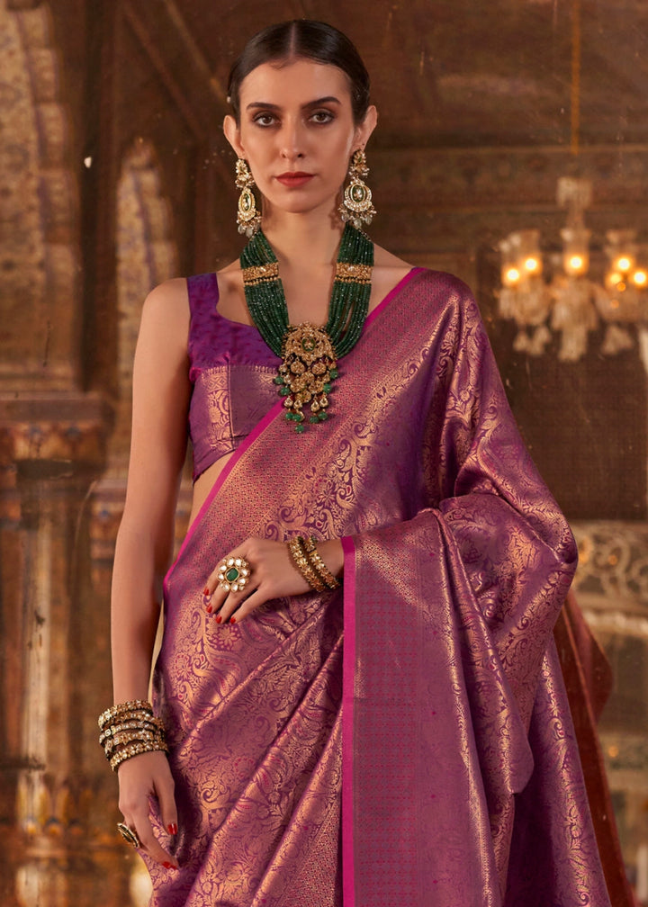 Raisin Purple Silk Saree with Handloom Weaving and Gold Zari Accents - House of Sarvati LLC