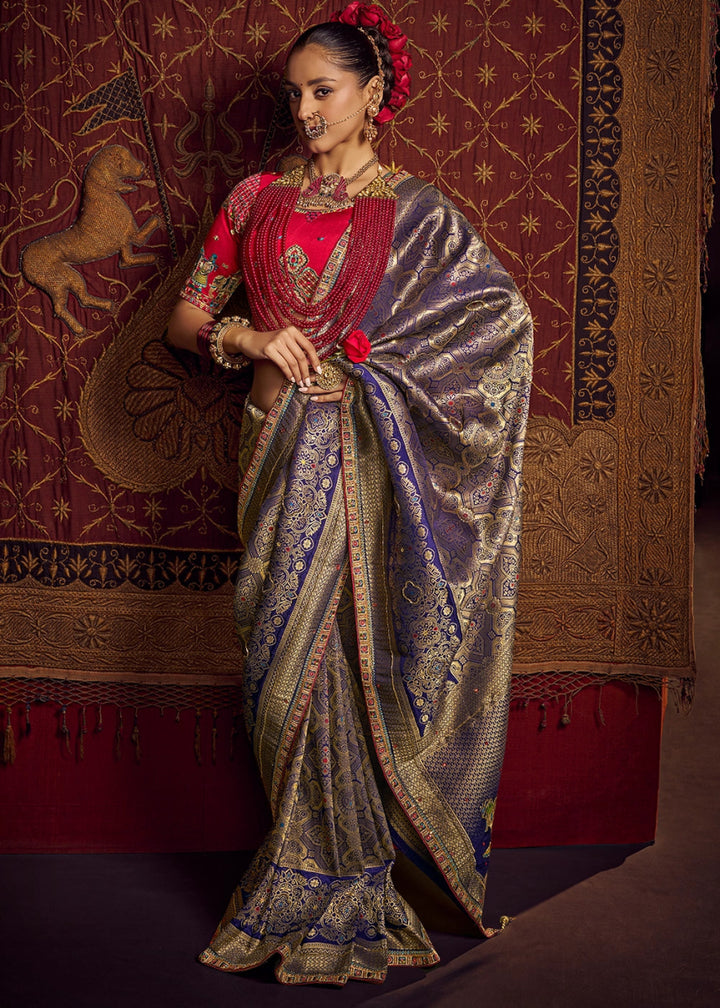 Royal Purple Viscose Silk Saree with Handcrafted Embroidered Blouse - House of Sarvati LLC
