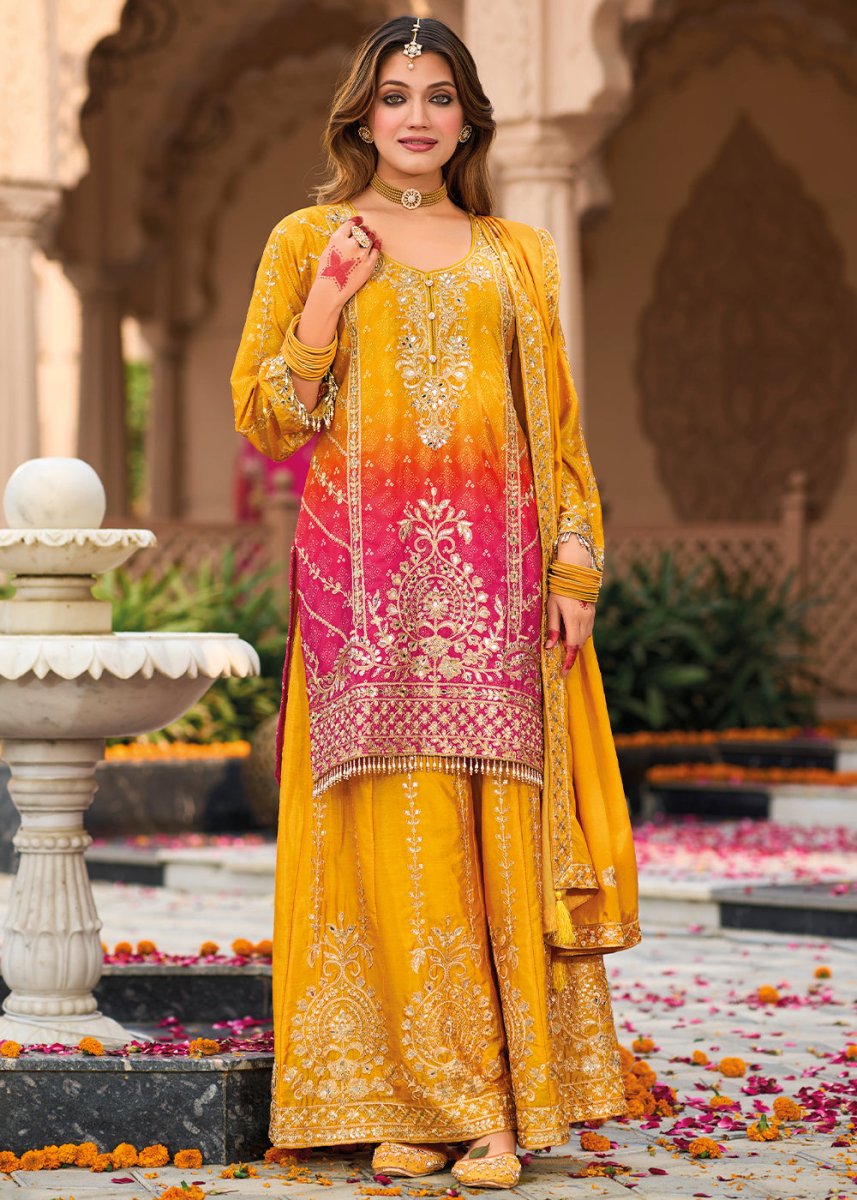 Yellow Real Chinon Silk Choli, Palazzo with Embroidered Dupatta- Rent