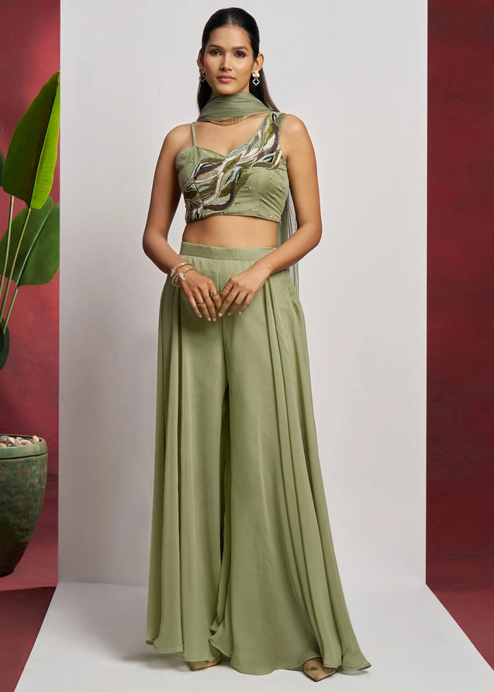 Sage Green georgette sharara set featuring traditional khatli detailing and contemporary styling - House of Sarvati LLC