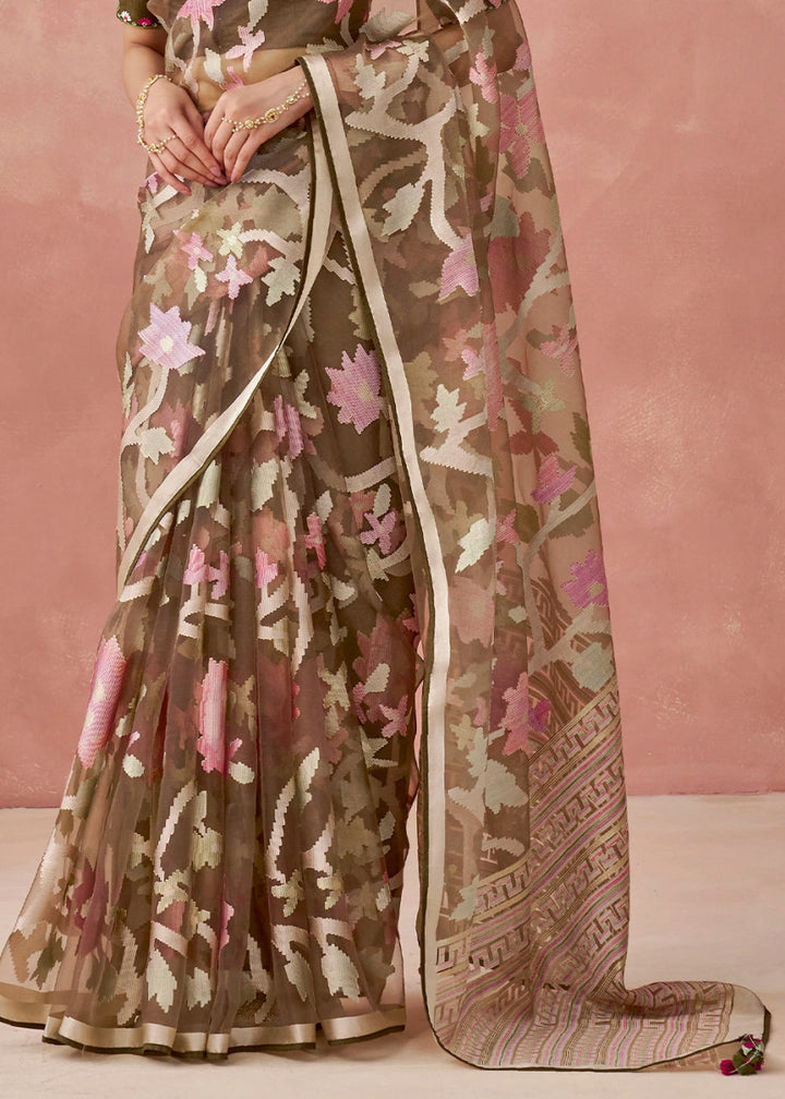 Shaded Brown Brasso Organza Saree with Designer Embroidered Blouse - House of Sarvati LLC