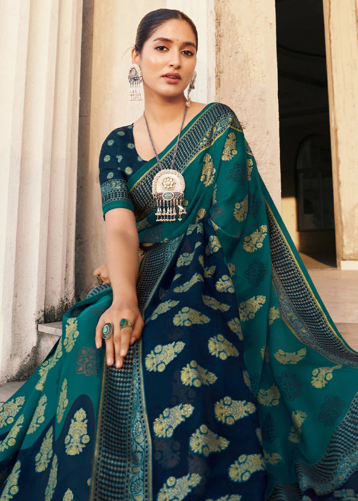 Shades Of Blue Handwoven Zari Georgette Silk Saree - House of Sarvati LLC