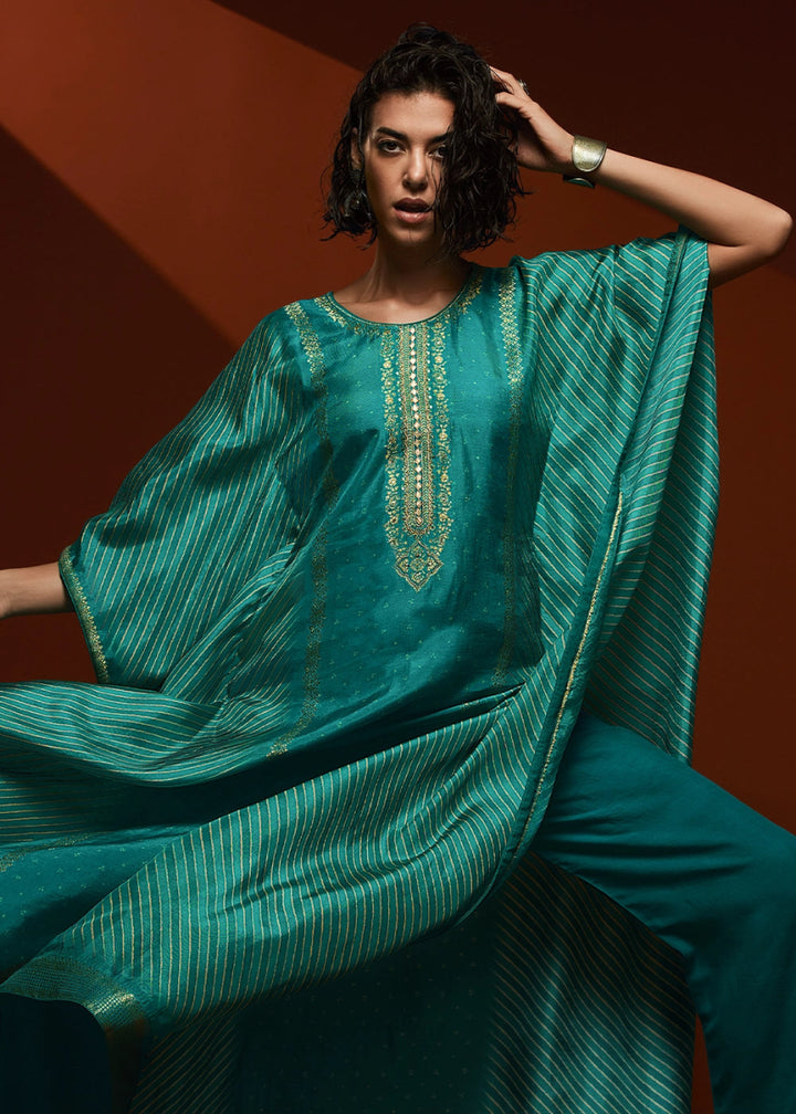 Shades Of Blue Printed Bandhani Viscose Silk Kaftan Set with Handcrafted Details - House of Sarvati LLC
