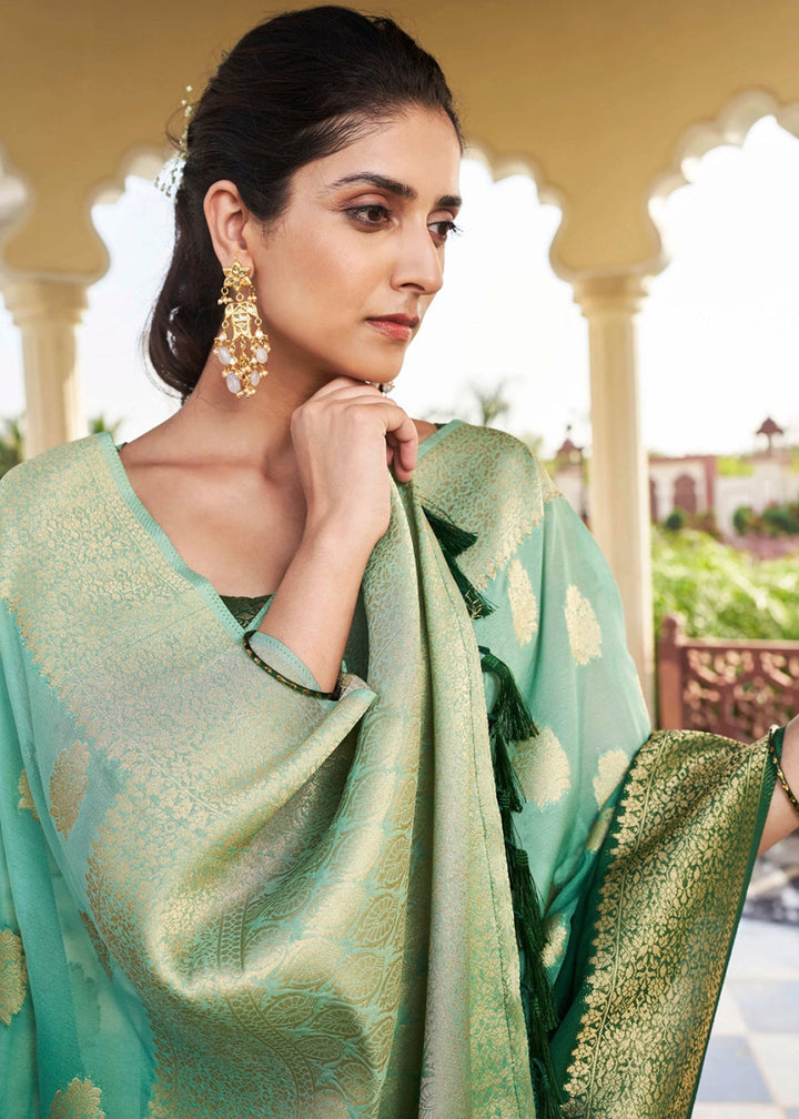 Shades Of Green Georgette Silk Saree with Ornate Zari Border & Pallu - House of Sarvati LLC