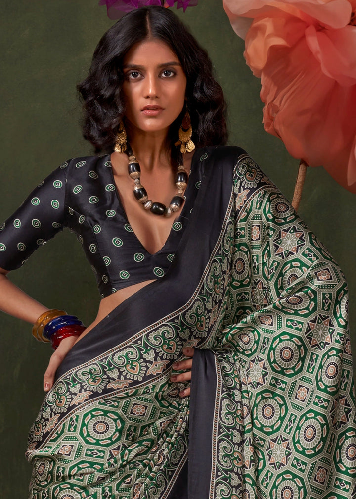 Shades Of Green Satin Crepe Saree Featuring Rich Ajrakh Prints - House of Sarvati LLC