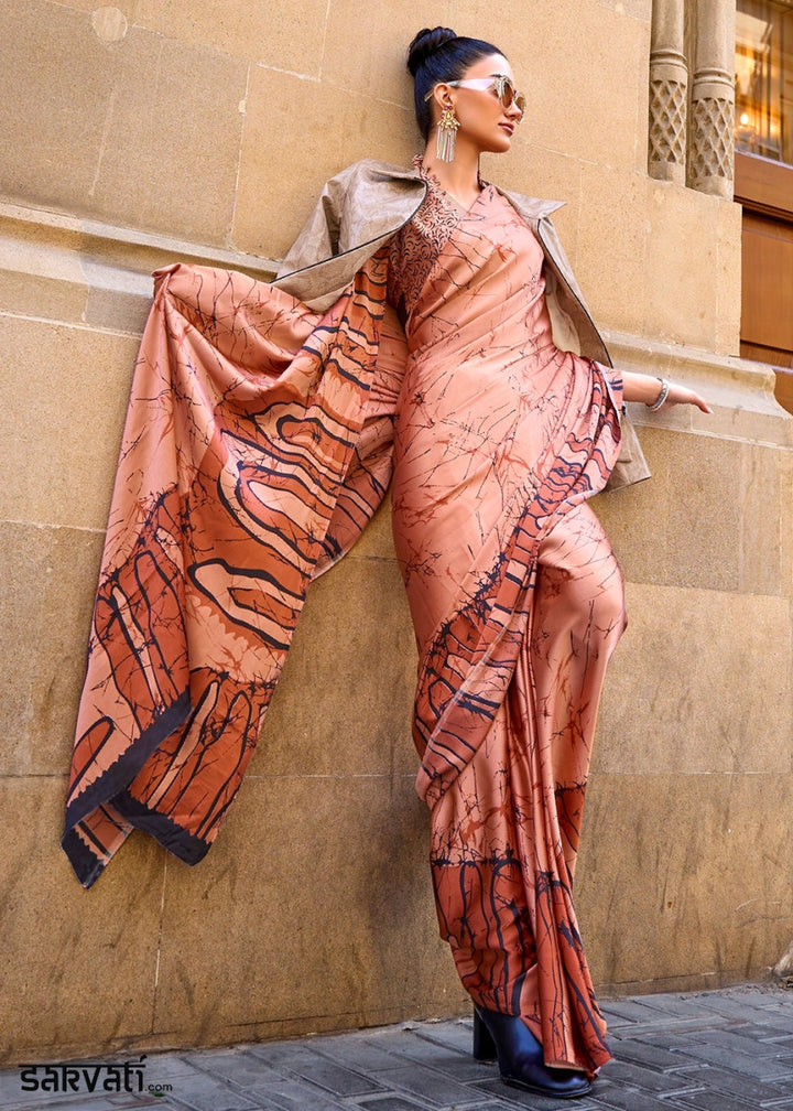 Shades Of Orange Lightweight Printed Saree in Satin Crepe - House of Sarvati LLC