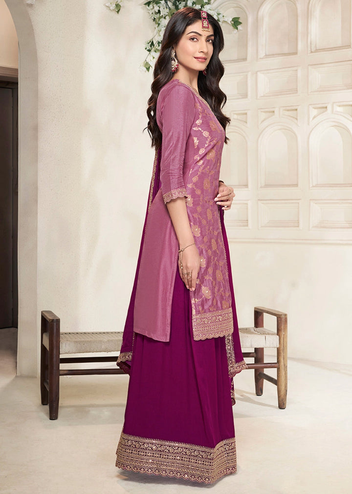 Shades Of Purple Dola Silk Sharara Suit with Intricate Jacquard Detailing - House of Sarvati LLC
