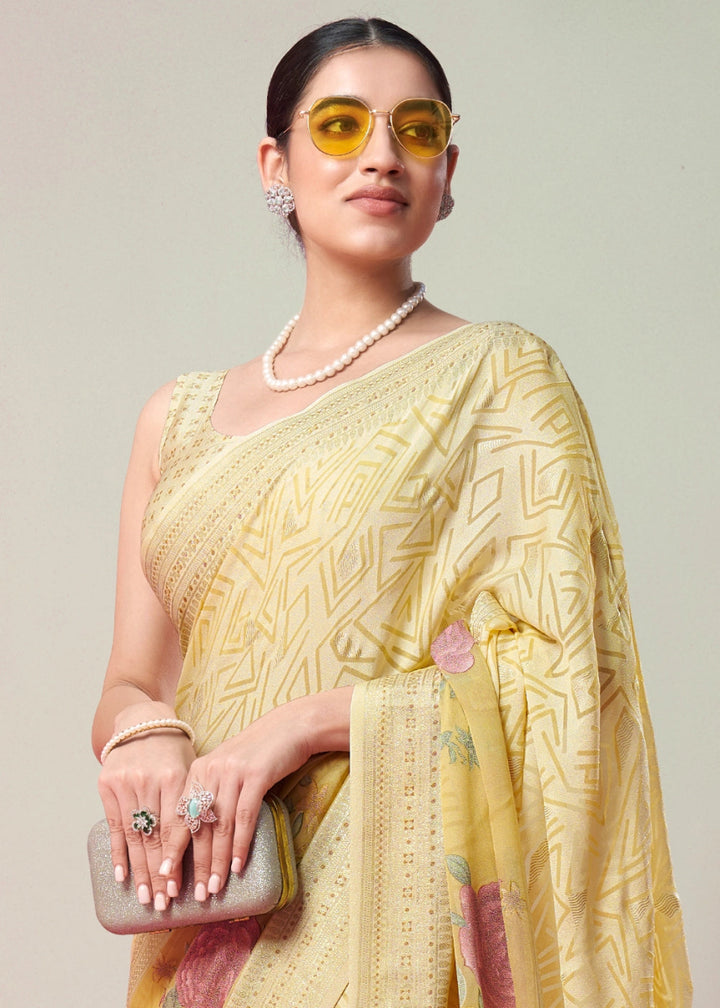 Shades Of Yellow Floral Georgette Silk Saree - House of Sarvati LLC