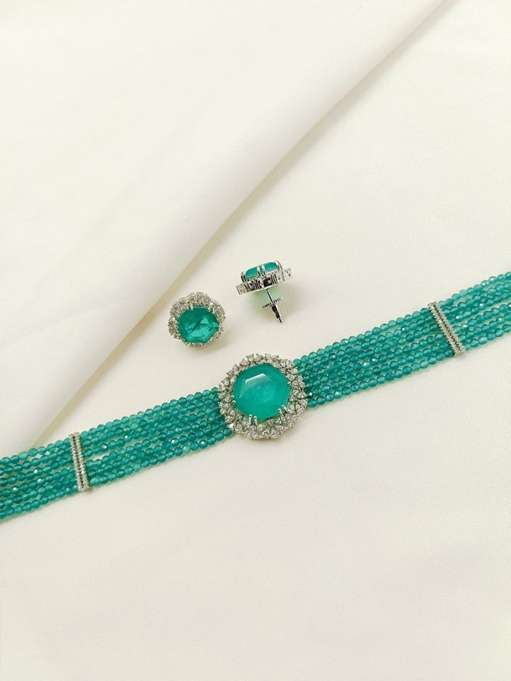 Shravani Green American Diamond Choker Set - House of Sarvati LLC