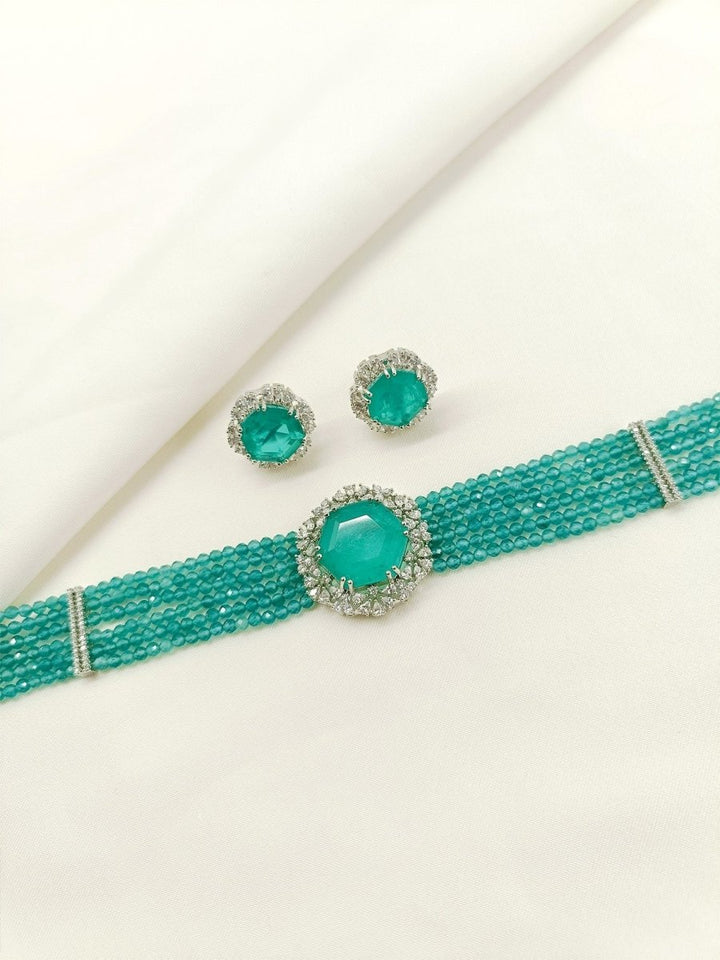 Shravani Green American Diamond Choker Set - House of Sarvati LLC