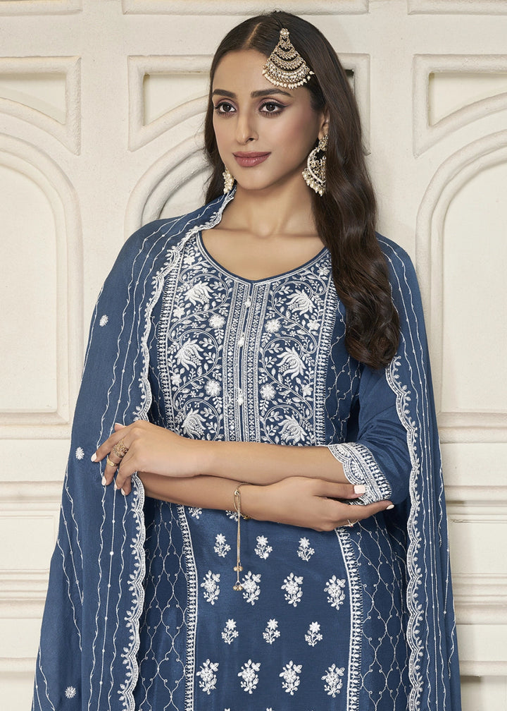 Steel Blue Chinon Silk Sharara Suit with Intricate White Thread & Sequin Embroidery - House of Sarvati LLC
