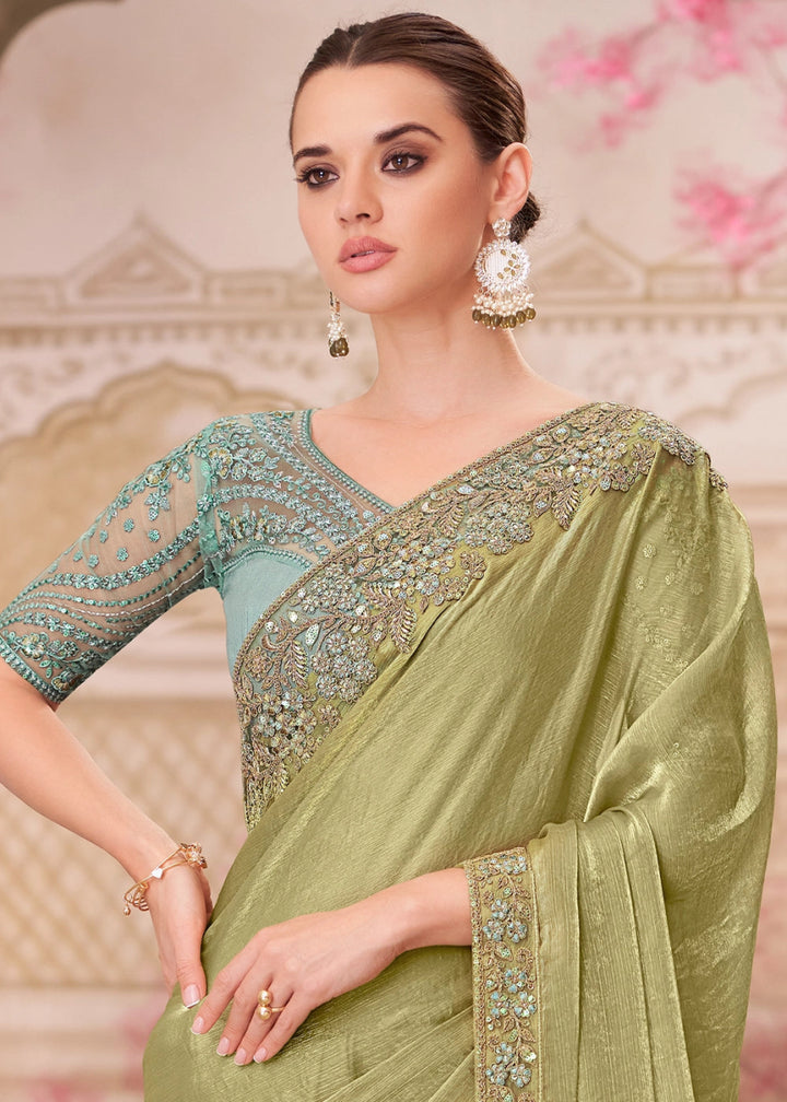 Tea Green Chiffon Silk Saree With Detailed Embroidery And Luxe Appeal - House of Sarvati LLC