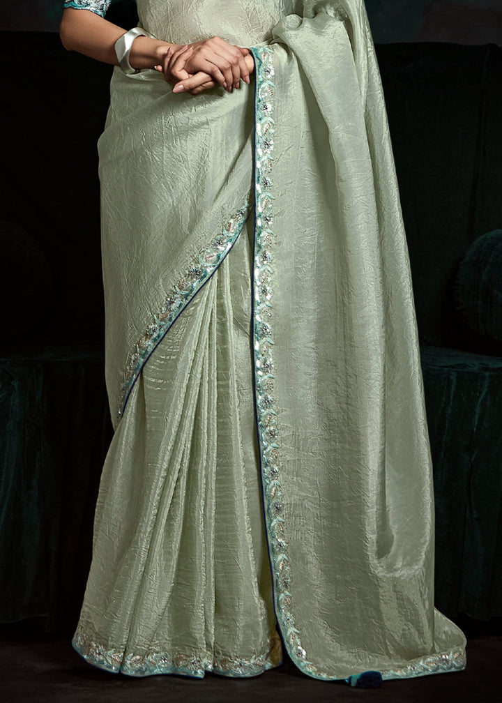 Tea Green Tissue Saree with Dhaga,Thread & Sequin Embellishments - House of Sarvati LLC
