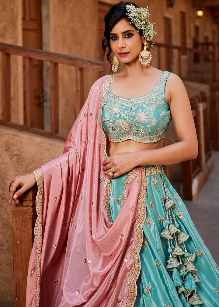Turquoise Blue Satin Lehenga Choli with Floral Sequin Detailing - House of Sarvati LLC