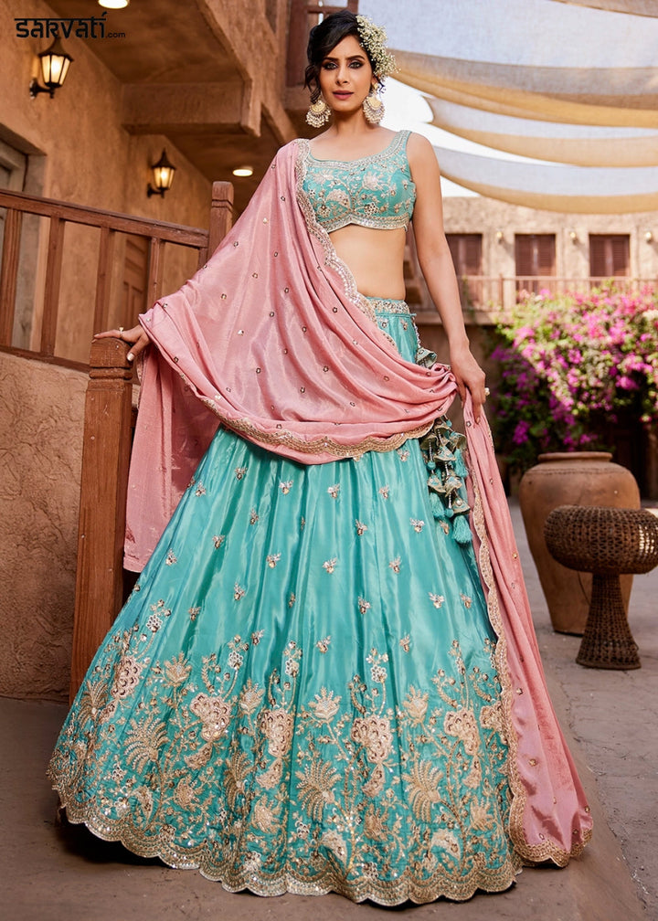 Turquoise Blue Satin Lehenga Choli with Floral Sequin Detailing - House of Sarvati LLC