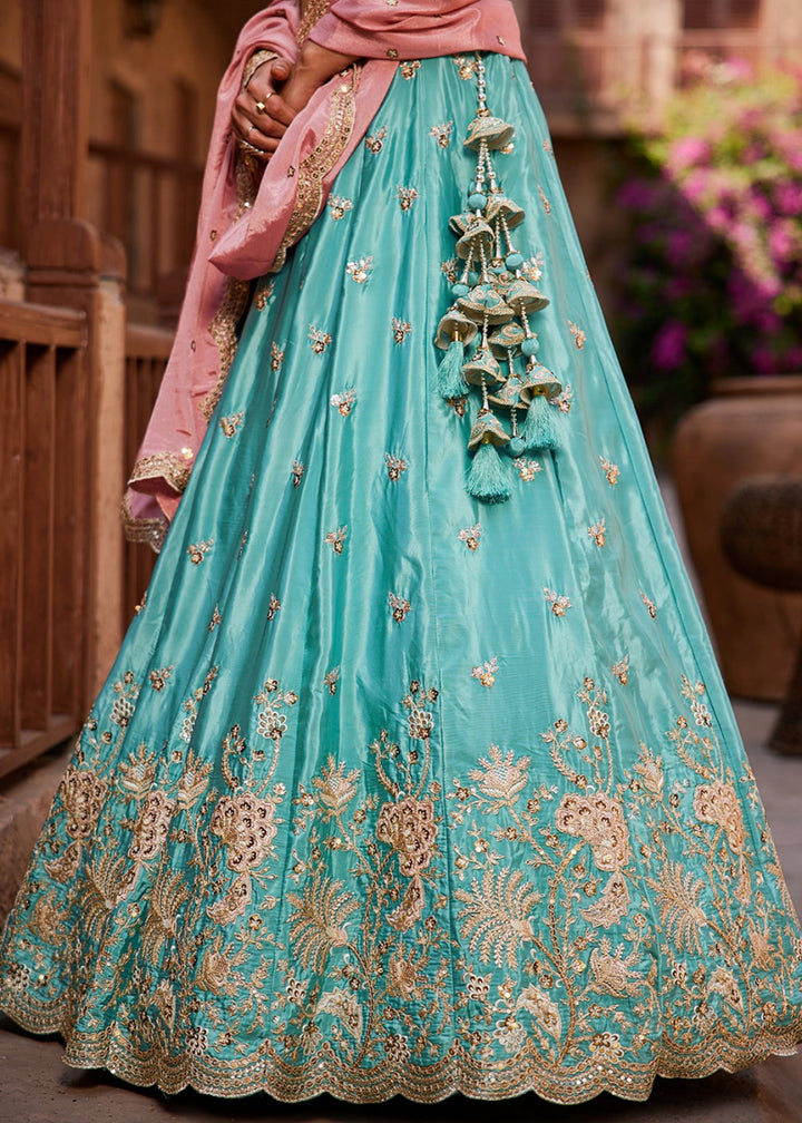 Turquoise Blue Satin Lehenga Choli with Floral Sequin Detailing - House of Sarvati LLC
