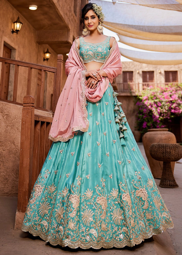Turquoise Blue Satin Lehenga Choli with Floral Sequin Detailing - House of Sarvati LLC